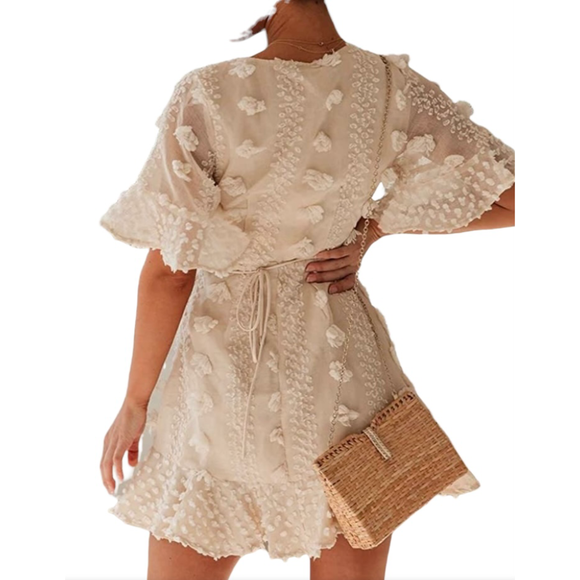 Indikah Cream Pom Pom Wrap Short Sleeve Dress Size Small NWOT - Picture 5 of 11